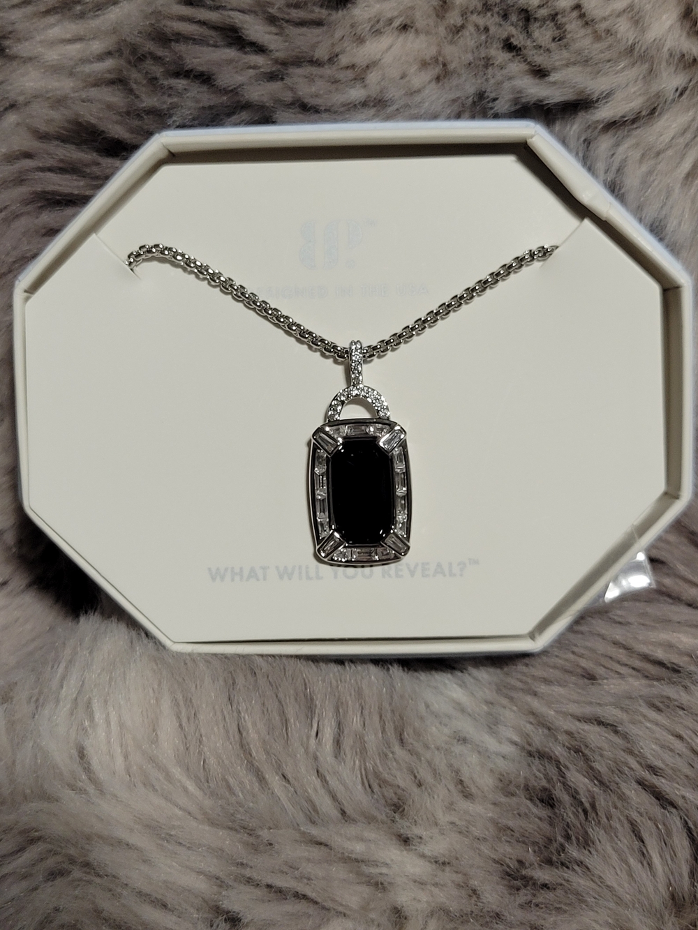 Sterling Silver Necklace with Black Rectangular Pendant and Clear Accents
